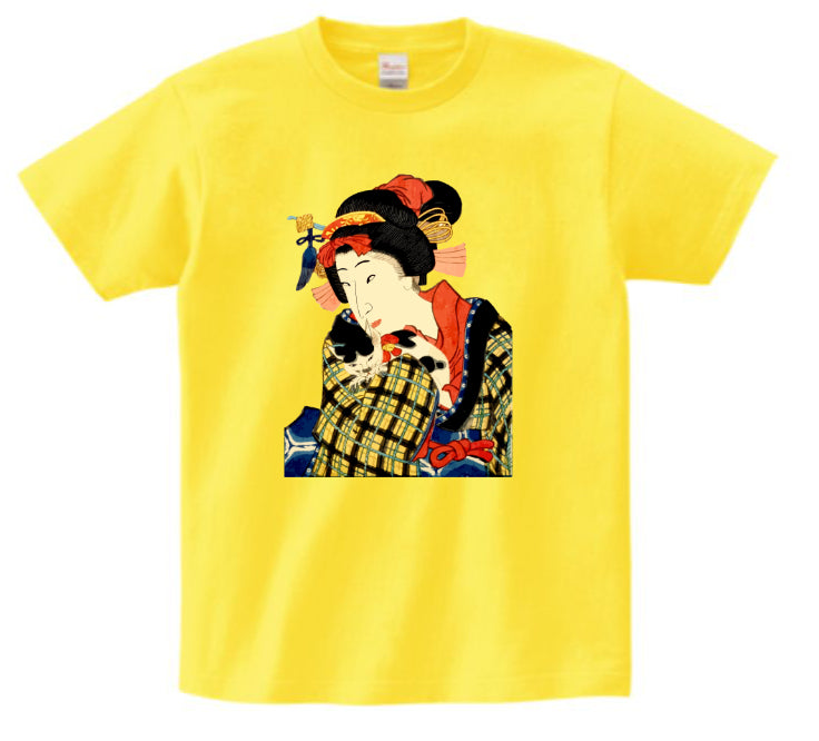 Japanese Ukiyo-e Design T-shirt Geisha Woman Holding a Cat 5.6oz Mens