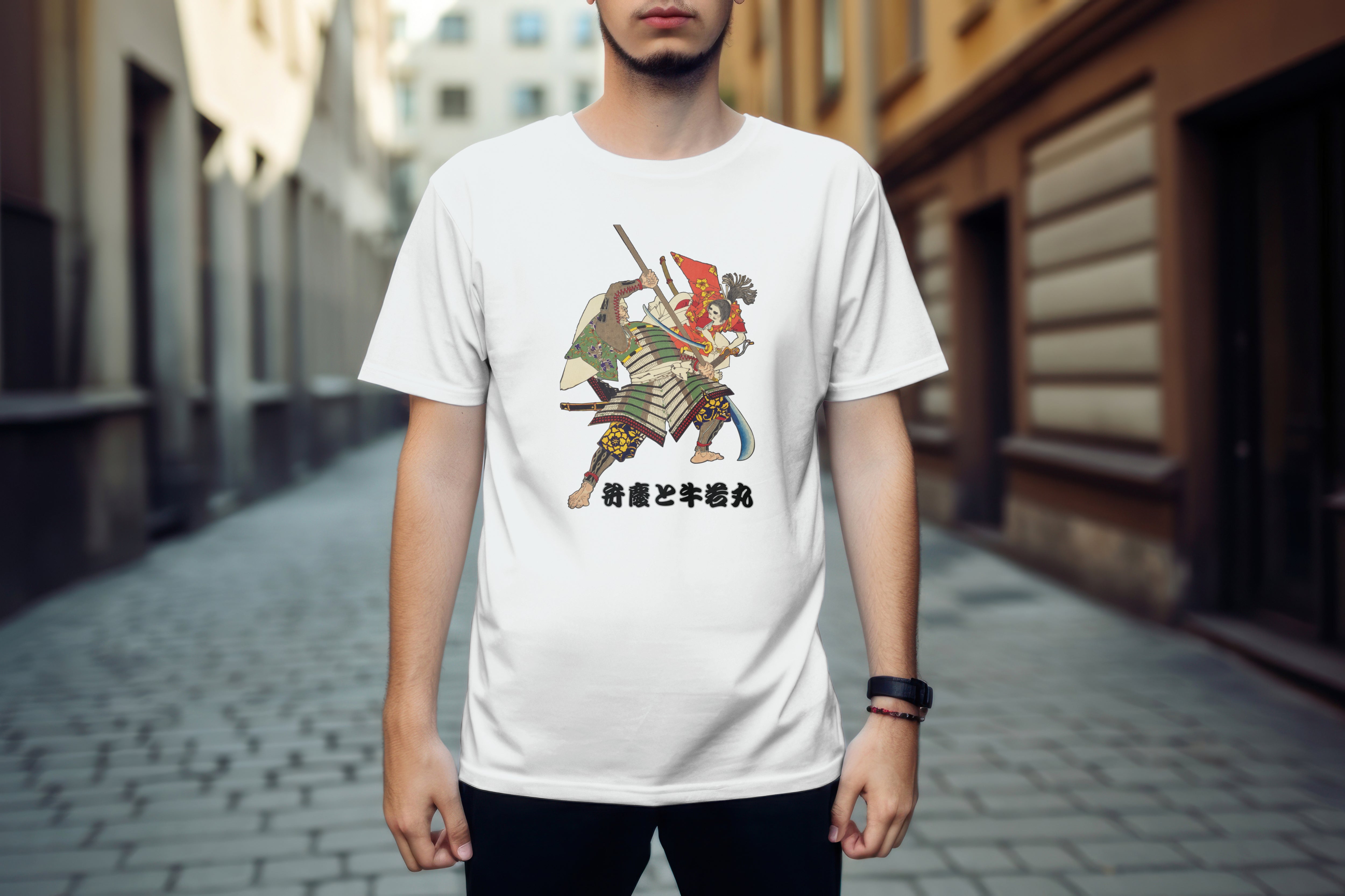 Japanese Design T-shirt Benkei & Ushiwakamaru Fighting 5.6oz Mens