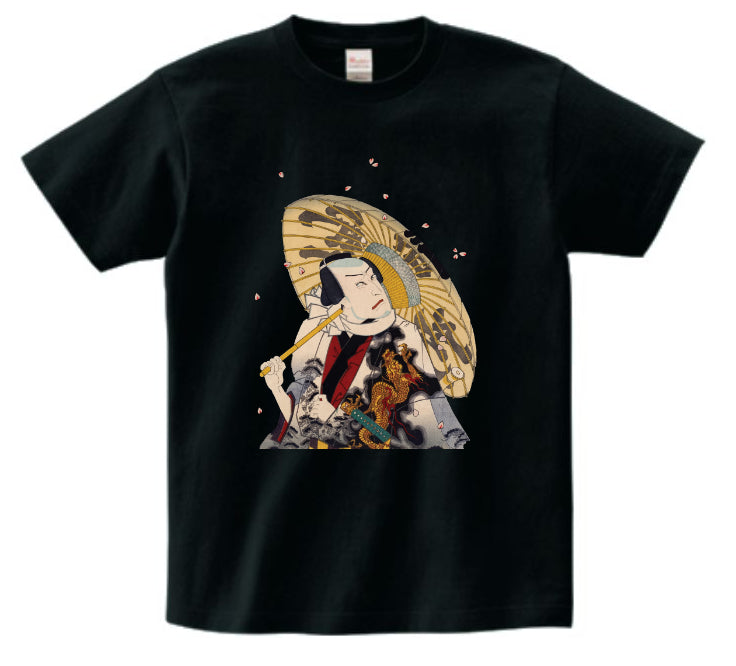 Japanese Ukiyo-e Design T-shirt Kabuki Actor with an Umbrella 5.6oz Mens