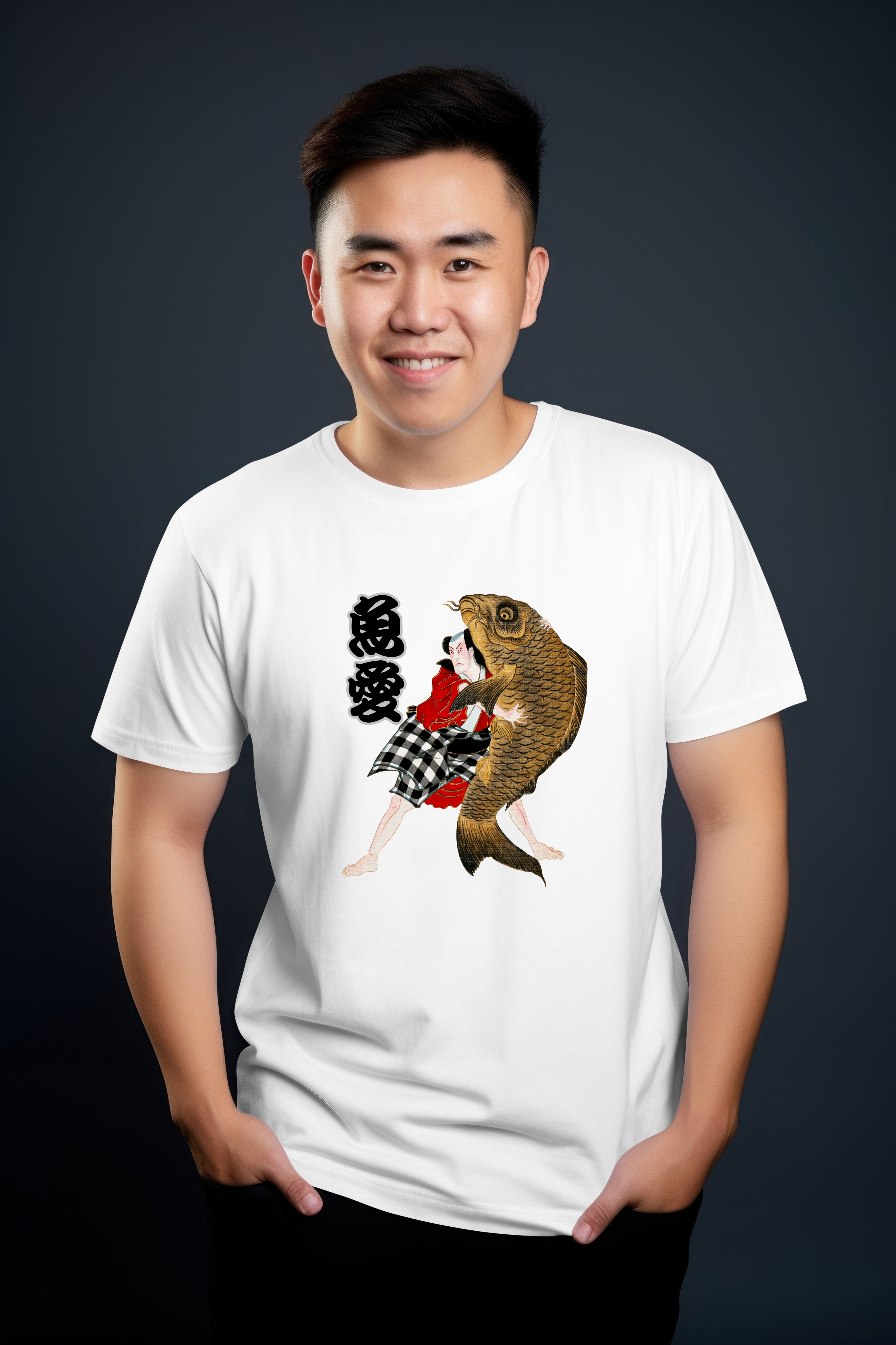 Japanese Design T-shirt Kabuki Actor Holding a Carp Fish Lover Kanji 5.6oz Mens