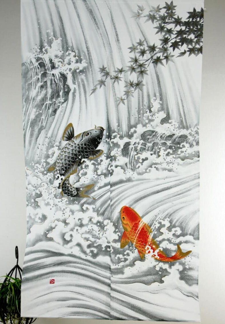 Japanese Noren Doorway Curtain Tapestry Carp Climbing the Waterfall made in Japan