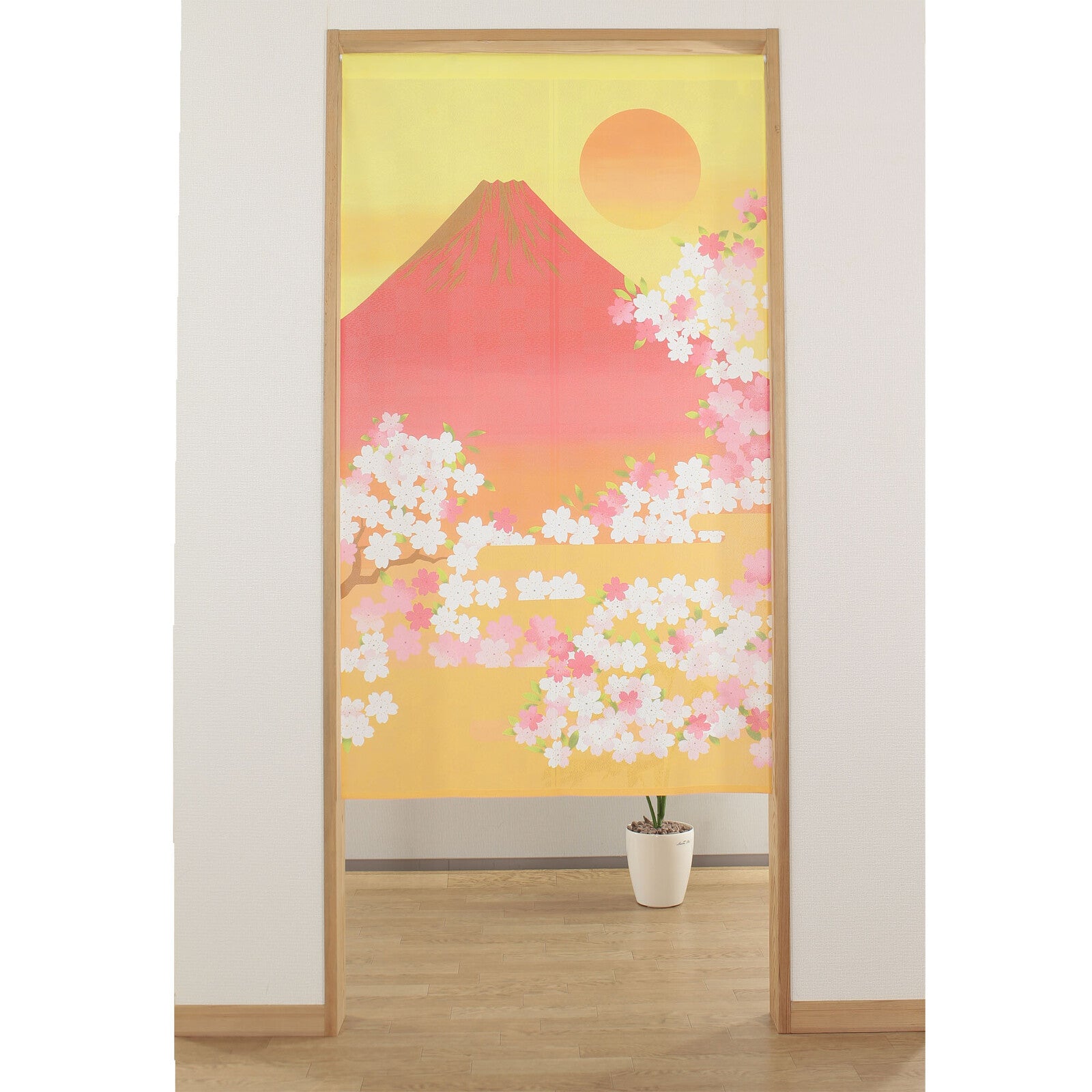 Japanese Noren Doorway Curtain Tapestry Mt. Fuji and Cherry Blossoms, Orange, Samurai made in Japan