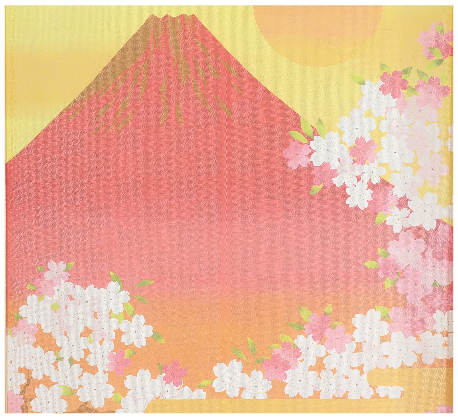 Japanese Noren Doorway Curtain Tapestry Mt. Fuji and Cherry Blossoms, Orange, made in Japan