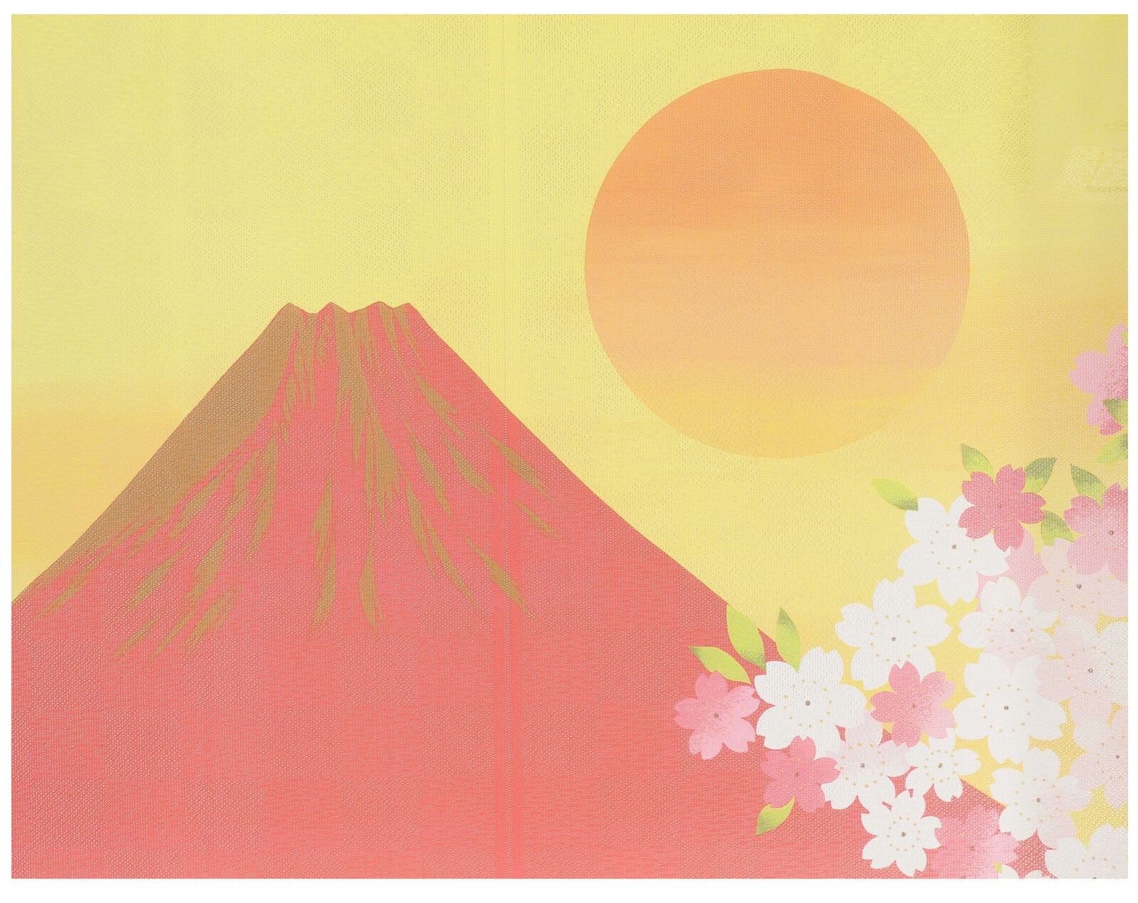 Japanese Noren Doorway Curtain Tapestry Mt. Fuji and Cherry Blossoms, Orange, made in Japan