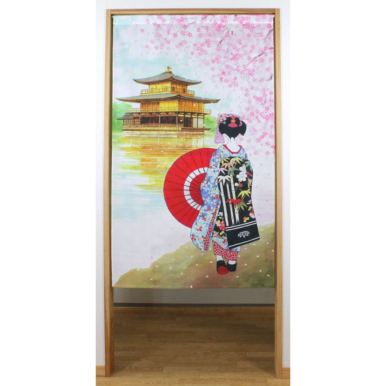 Japanese Noren Doorway Curtain Tapestry Kinkaku-ji and Cherry Blossom made in Japan