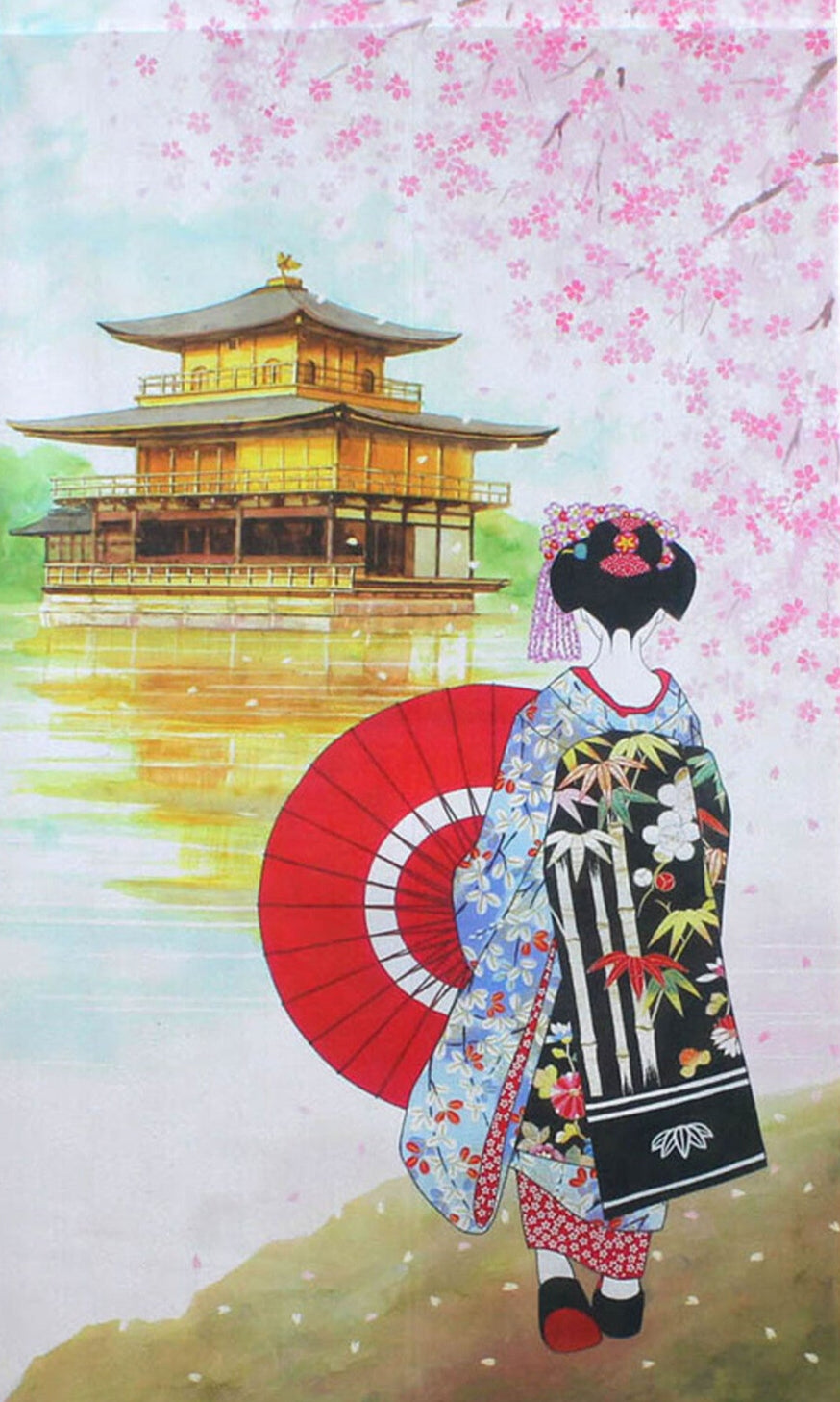 Japanese Noren Doorway Curtain Tapestry Kinkaku-ji and Cherry Blossom made in Japan