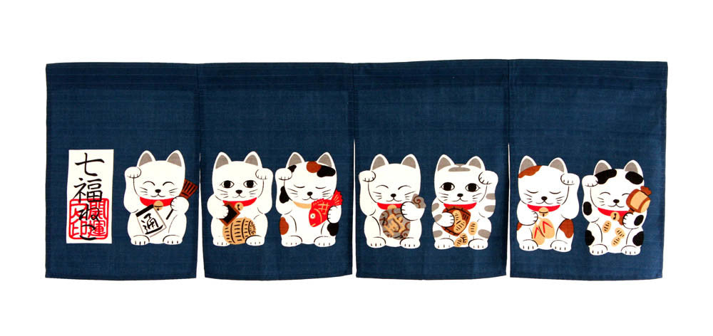 Japanese Noren Doorway Curtain Tapestry Seven Lucky Cats, Navyblue, made in Japan