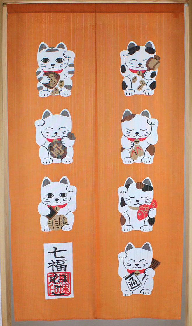 Japanese Noren Doorway Curtain Tapestry Seven Lucky Cats, Orange, made in Japan