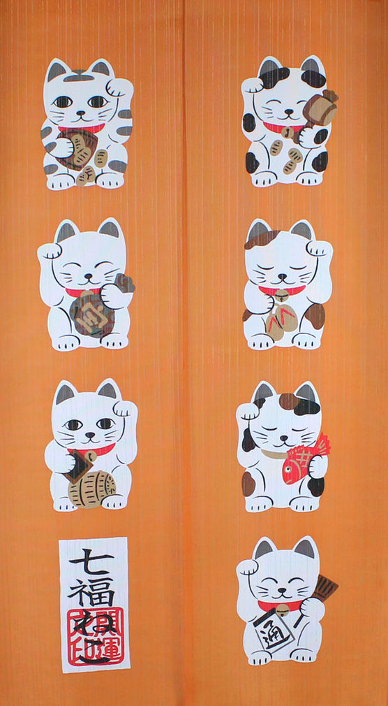 Japanese Noren Doorway Curtain Tapestry Seven Lucky Cats, Orange, made in Japan